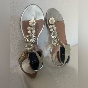 Laurence Dacade Shoes Gold Leather/Glitter Metal Flowers T Strap Sandals 7